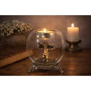 Cherub Angel Candle Holder Figurine Glass Bubble Tea Light 3 Inch Ganz Pewter